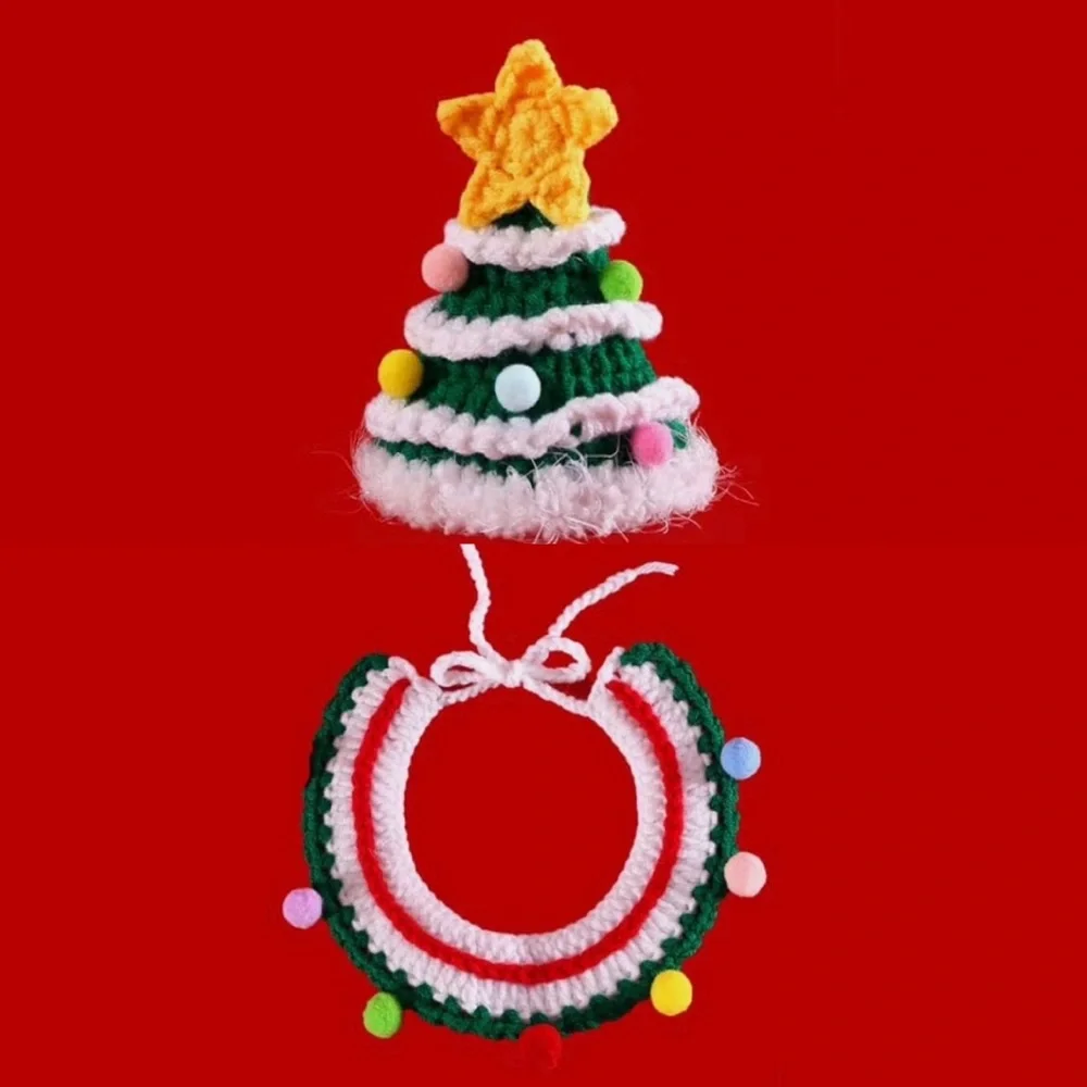 💞 New Festive Christmas Tree Cat & Dog Crocheted Costume Hat & Collar Set